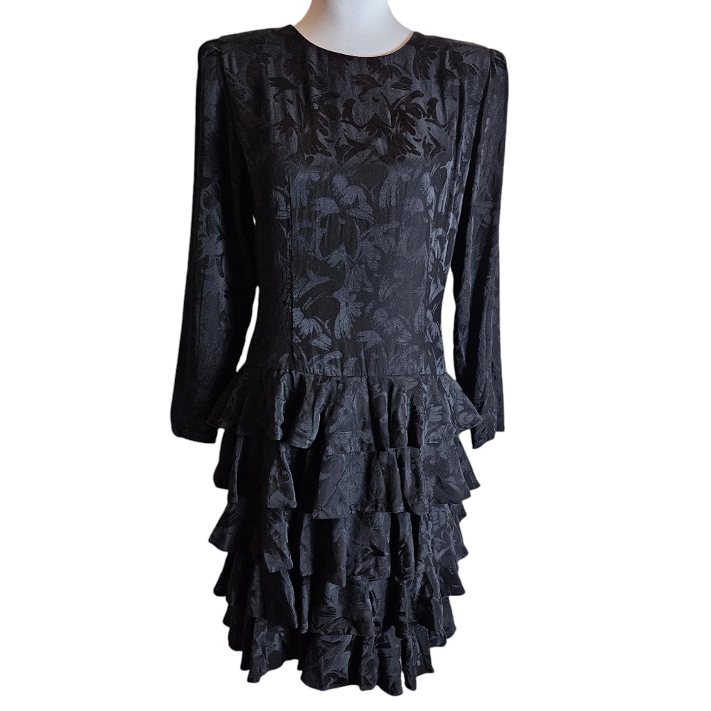 Vintage Black 100% Silk Drop Waist Tiered Dress Size 12 Open Back Long Sleeved